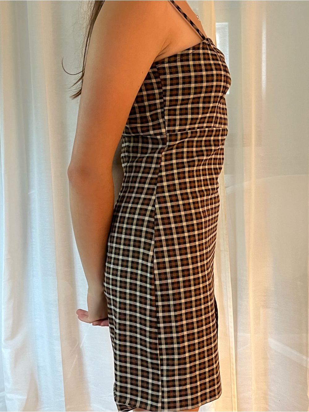 Simons Brown Plaid Mini Slip Dress with Front Slit - Picture 2 of 5
